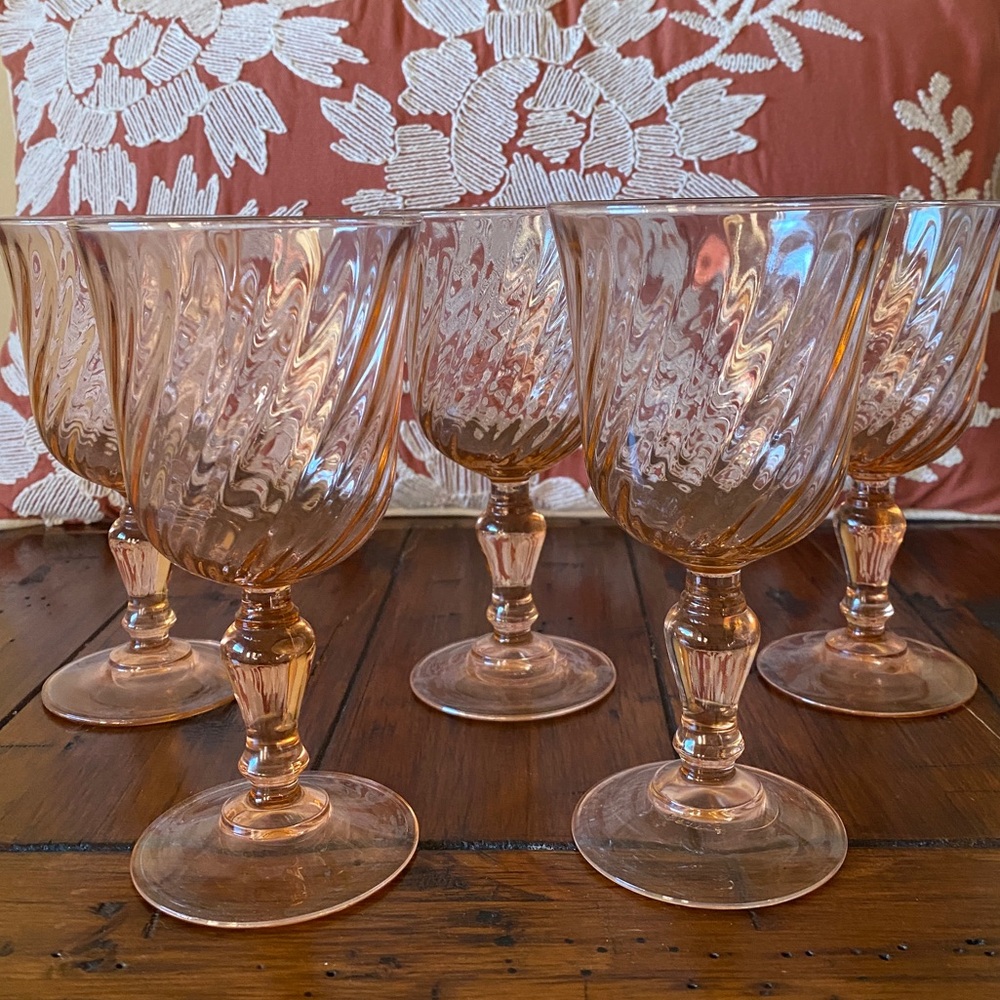 Vintage Wine Glasses Arcoroc Rosaline Pink Swirl Glass France Set of 5